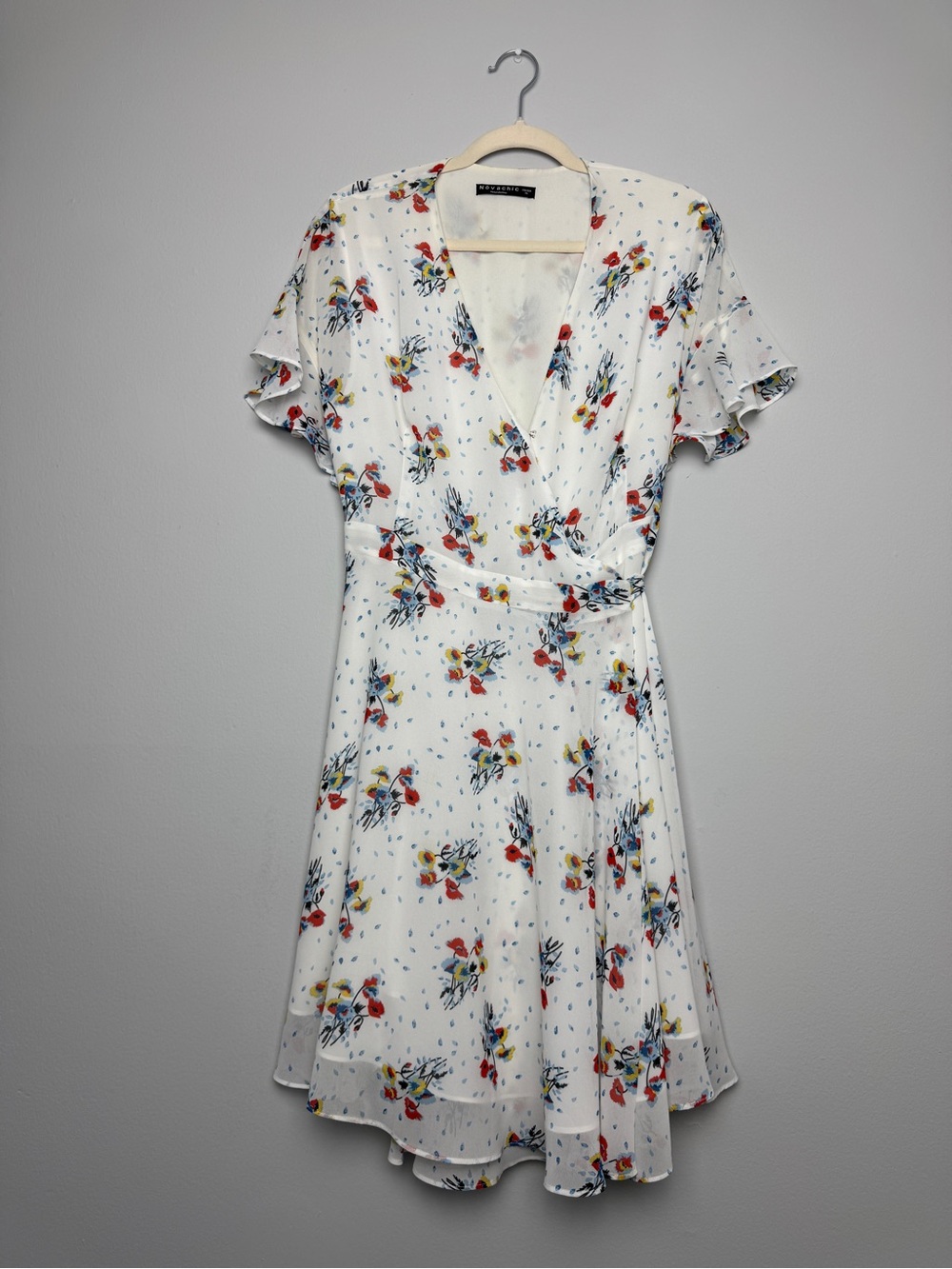Floral Wrap Midi Dress in White with Red & Yellow Accents